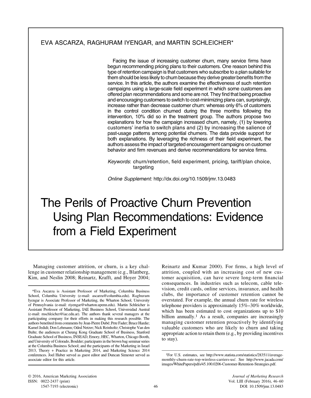The Perils of Proactive Churn Prevention Using Plan Recommendations: Evidence from a Field Experiment