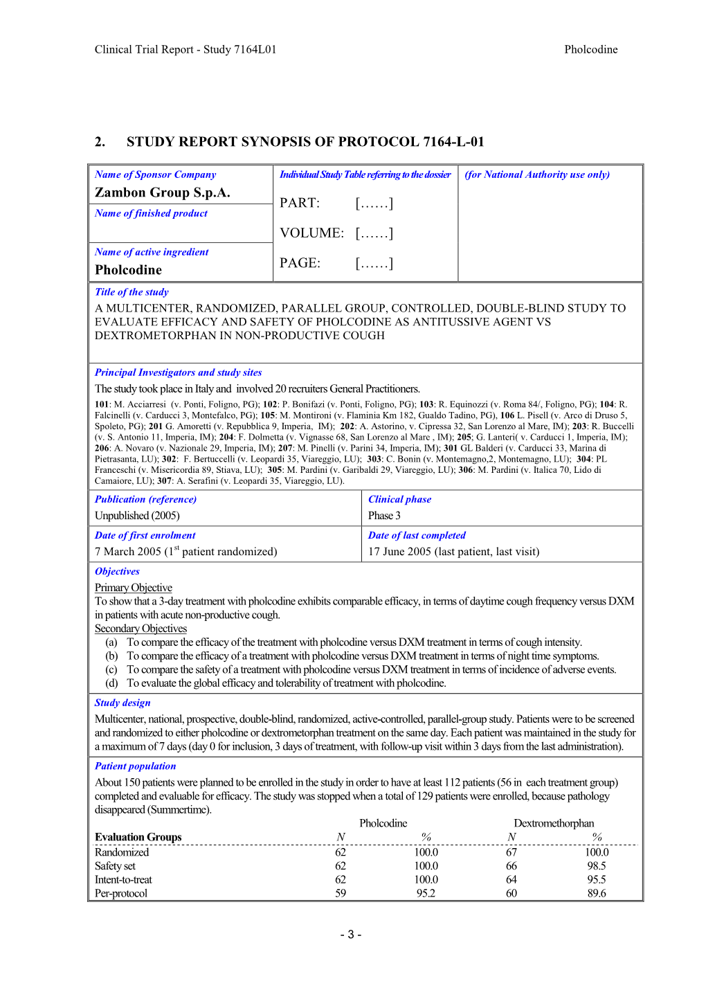 2. Study Report Synopsis of Protocol 7164-L-01