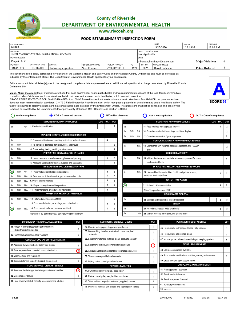 Food Inspection Report Dated 9/10/20 Have Been Corrected