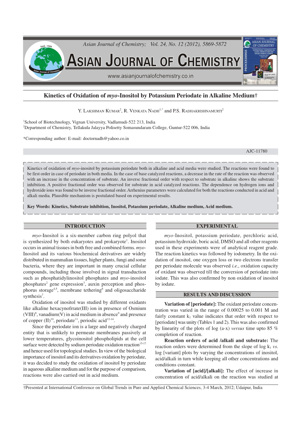 Kinetics of Oxidation of Myo-Inositol by Potassium Periodate in Alkaline Medium†