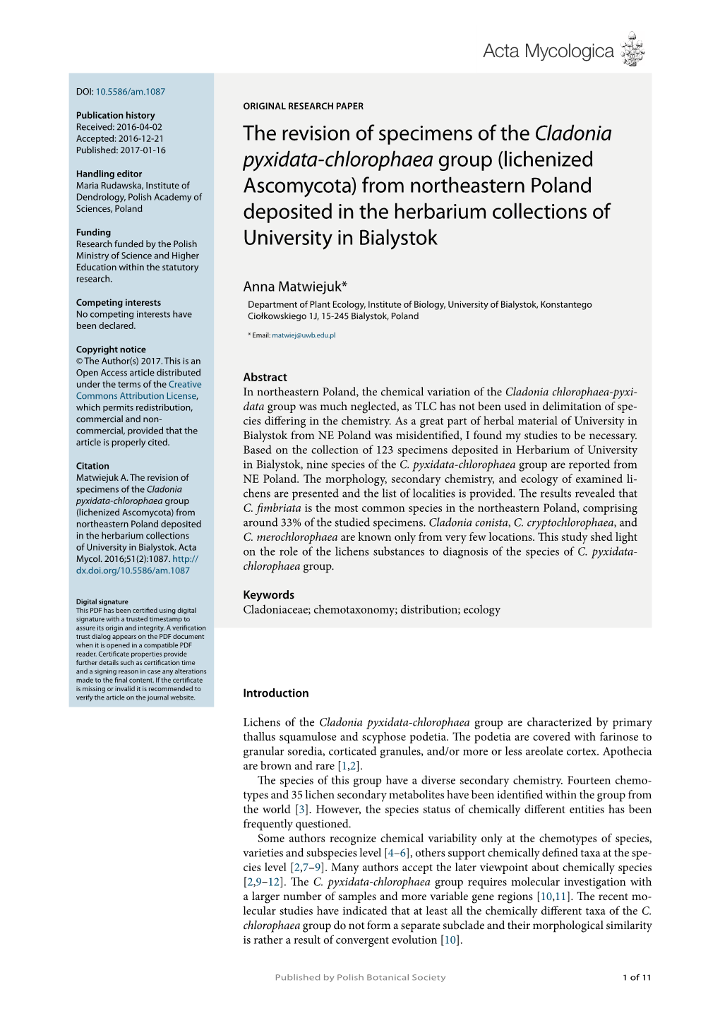 The Revision of Specimens of the Cladonia Pyxidata-Chlorophaea Group