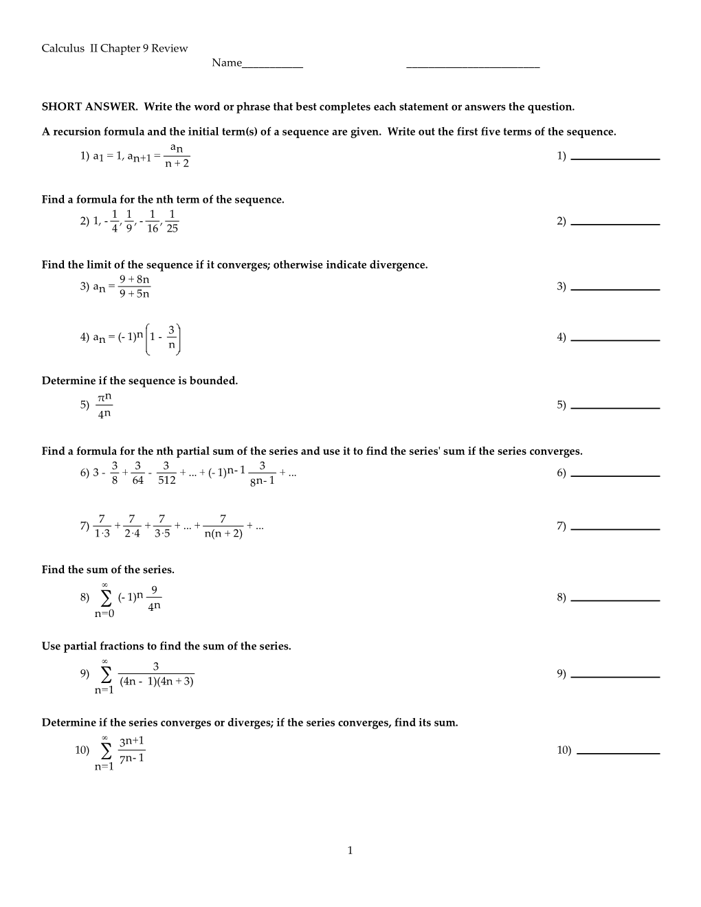 Calculus II Chapter 9 Review Name______