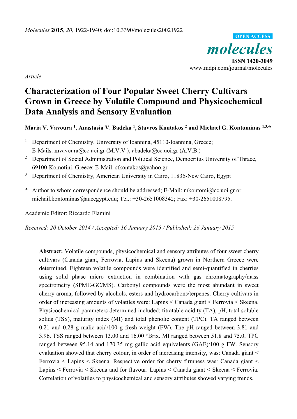 Characterization of Four Popular Sweet Cherry Cultivars Grown in Greece by Volatile Compound and Physicochemical Data Analysis and Sensory Evaluation