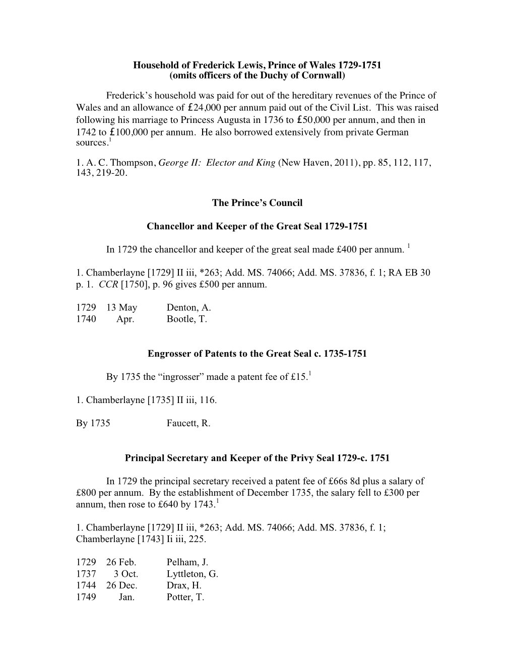 Household of Frederick Lewis, Prince of Wales 1729-1751 (Omits Officers of the Duchy of Cornwall)