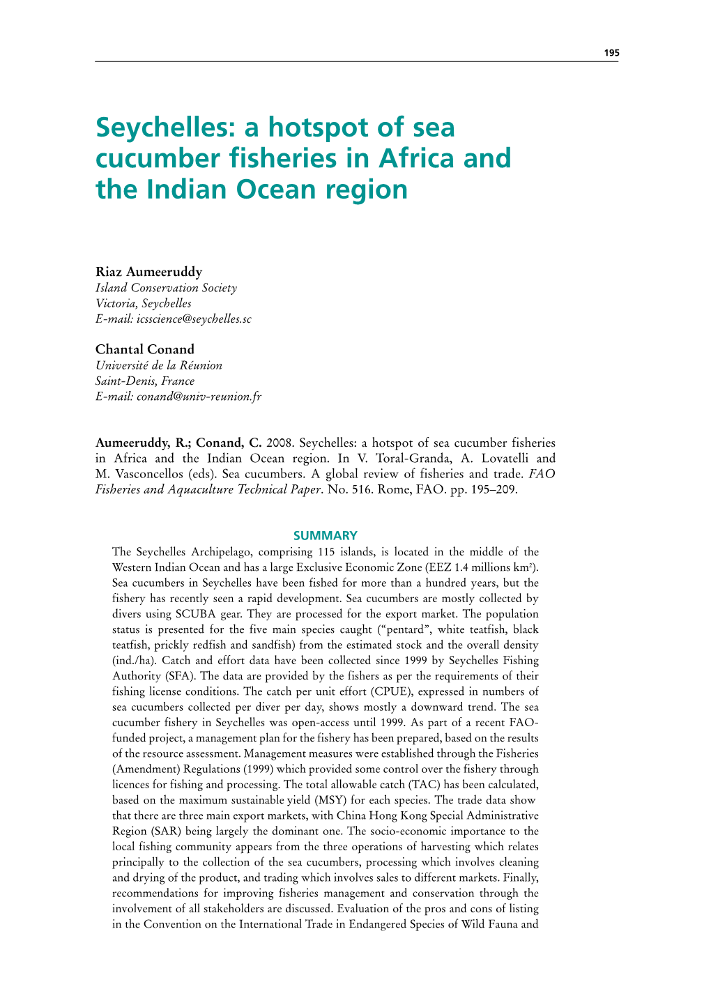 Seychelles: a Hotspot of Sea Cucumber Fisheries in Africa and the Indian Ocean Region