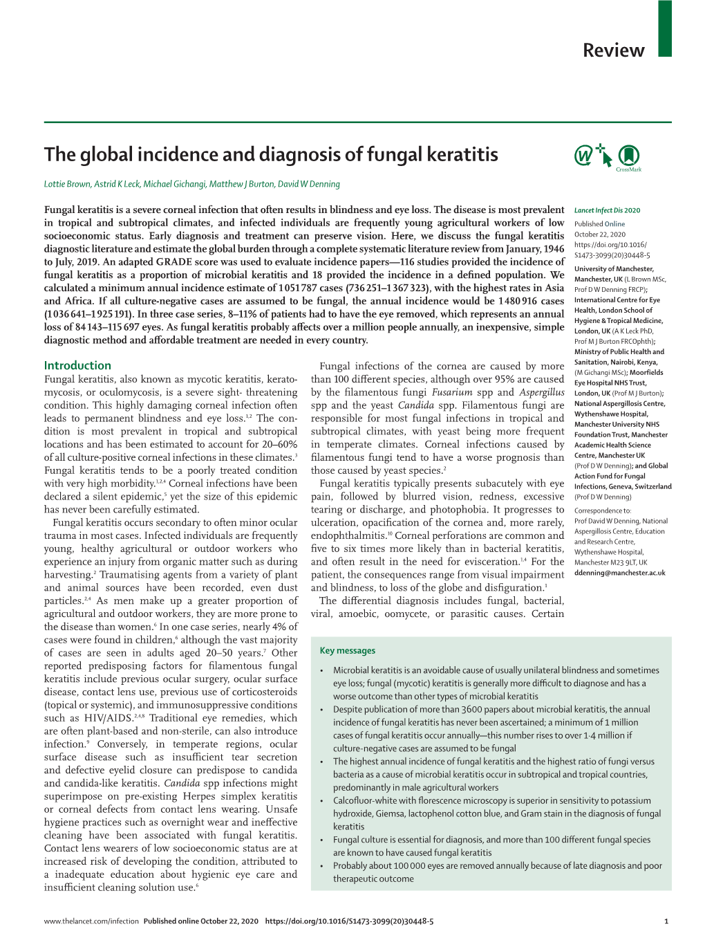 Review the Global Incidence and Diagnosis of Fungal Keratitis