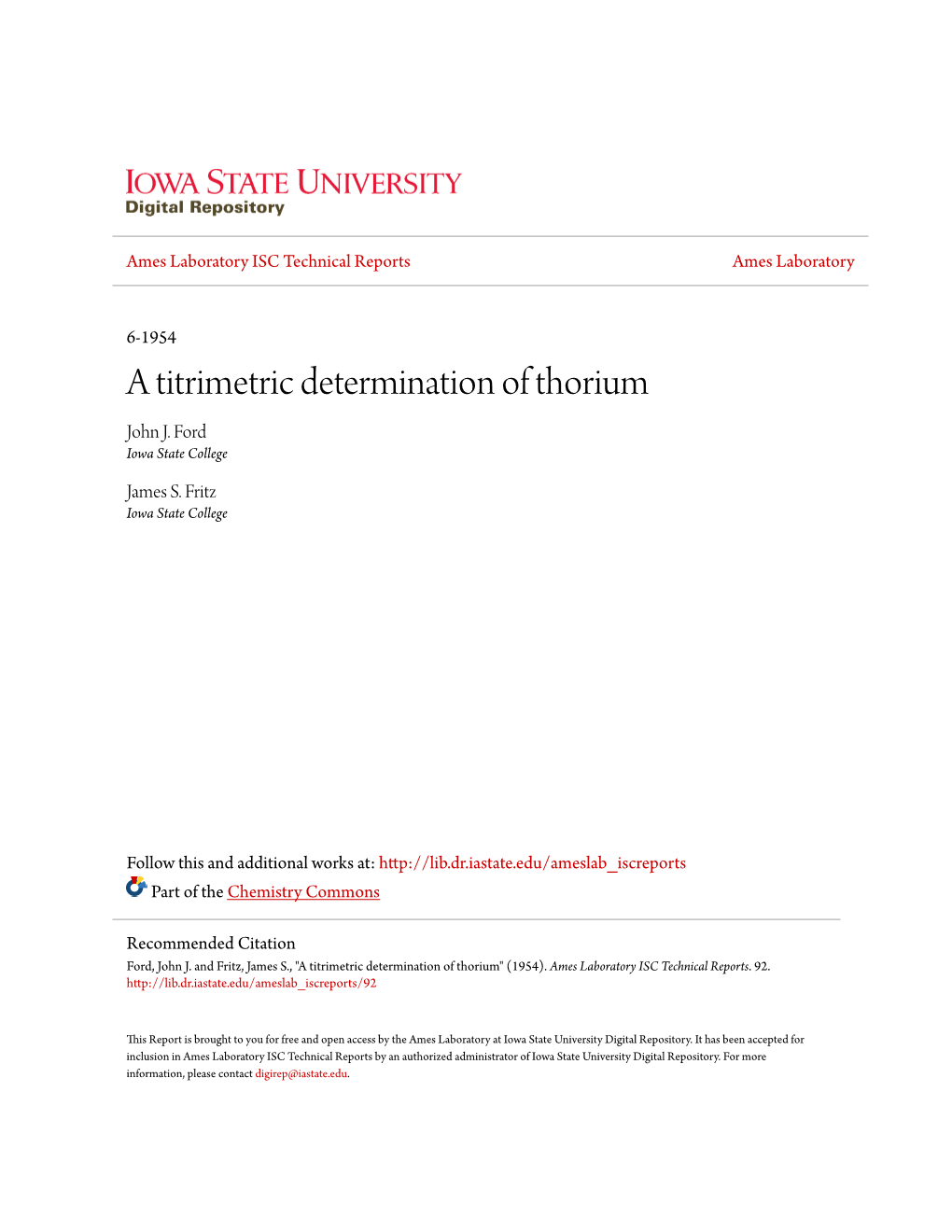 A Titrimetric Determination of Thorium John J