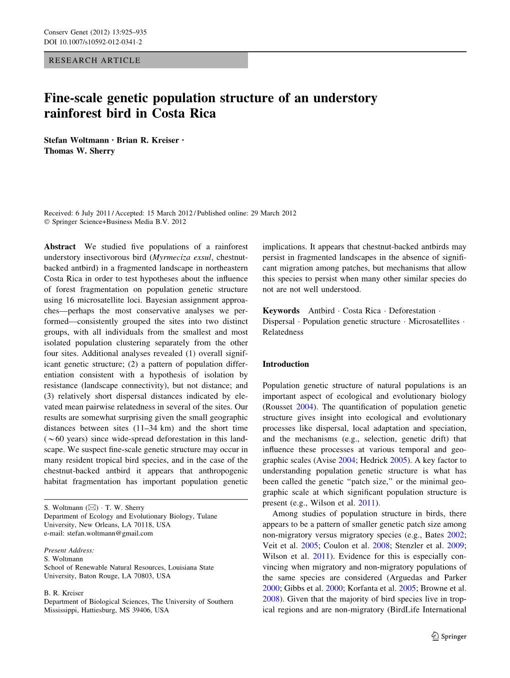 Fine-Scale Genetic Population Structure of an Understory Rainforest Bird in Costa Rica