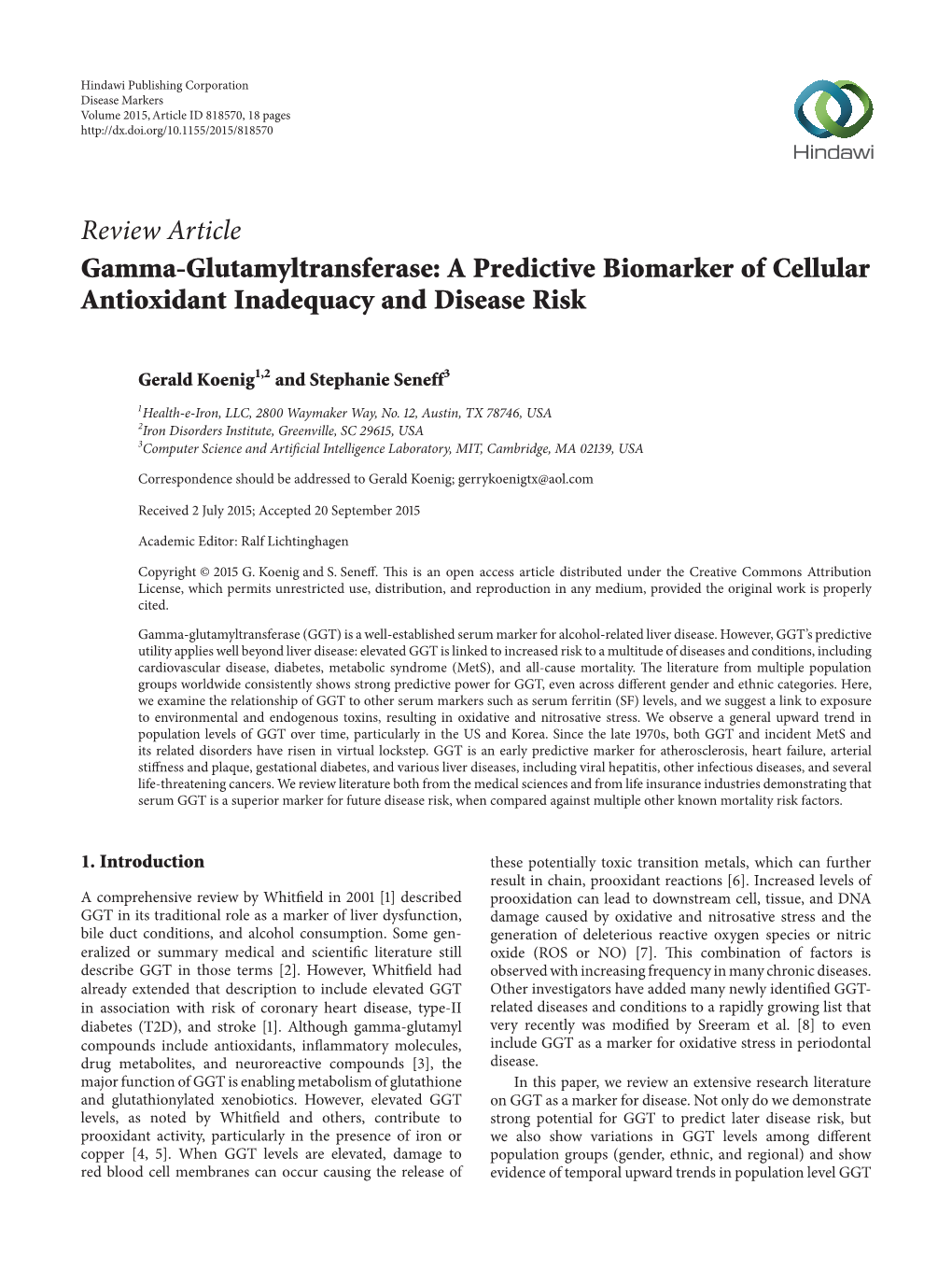 Gamma-Glutamyltransferase: a Predictive Biomarker of Cellular Antioxidant Inadequacy and Disease Risk