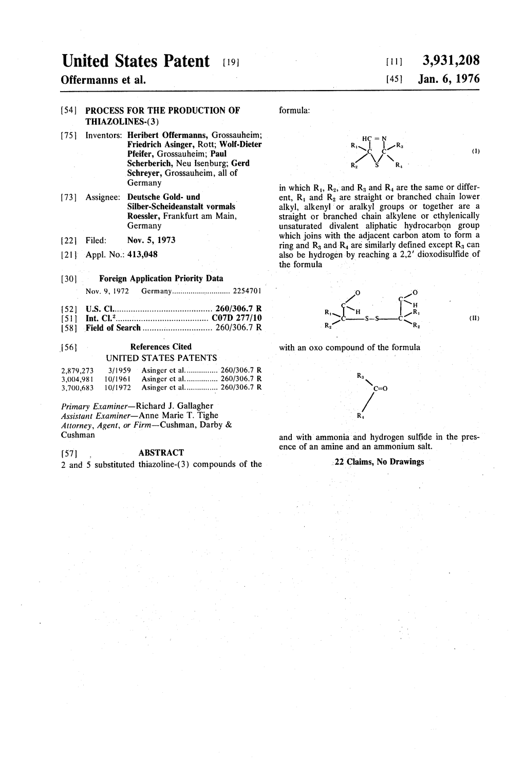 United States Patent 1191 1111 3,931,208 Offermanns Et Al