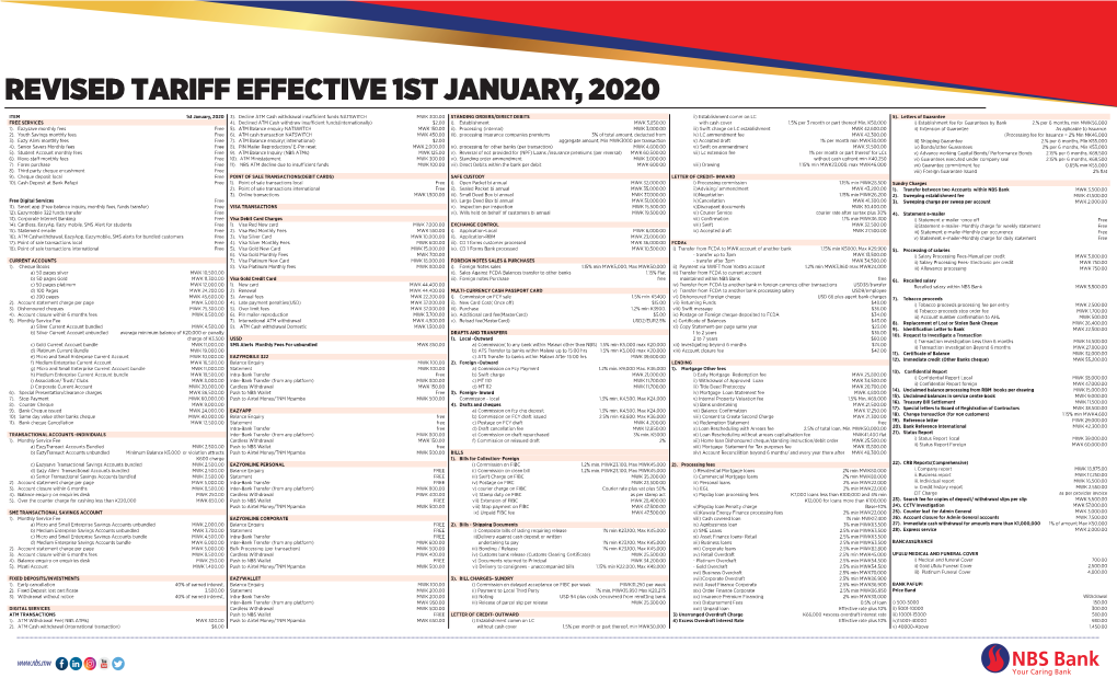 Revised Tariff Effective 1St January, 2020