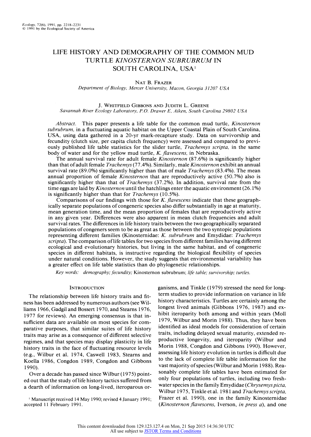 Life History and Demography of the Common Mud Turtle, Kinosternon