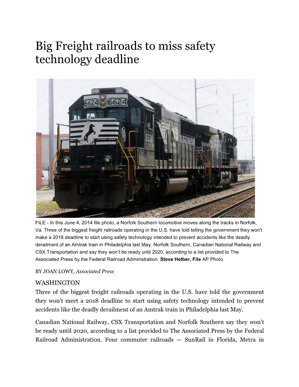 Big Freight Railroads to Miss Safety Technology Deadline