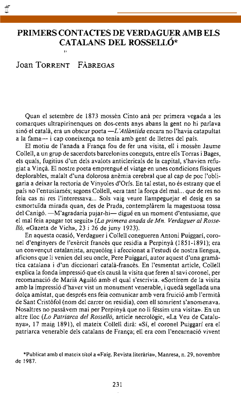 Primers Contactes De Verdaguer Amb Els Catalans Del Rossello*