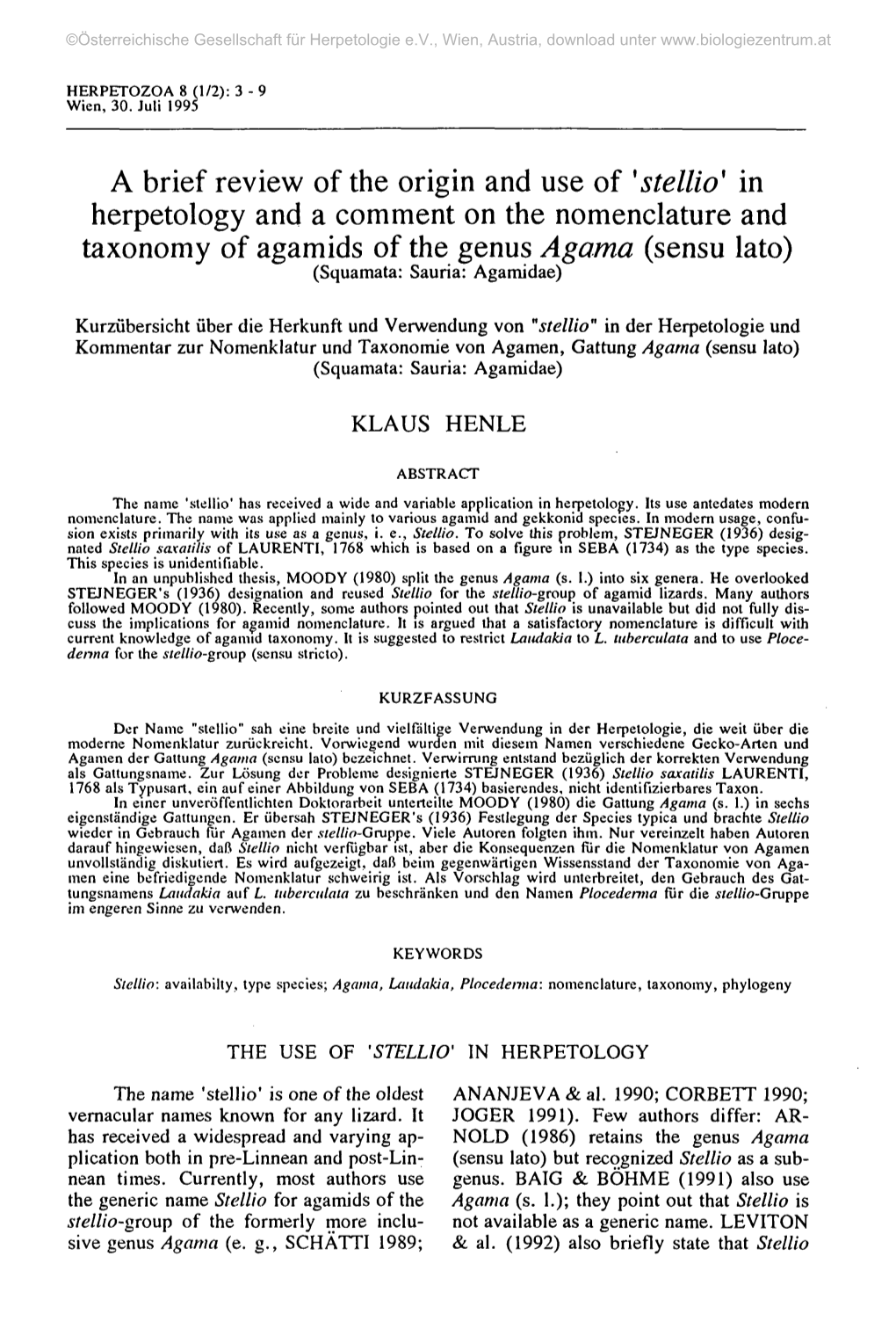 Stellio' in Herpetology and a Comment on the Nomenclature and Taxonomy of Agamids of the Genus Agama (Sensu Lato) (Squamata: Sauria: Agamidae)