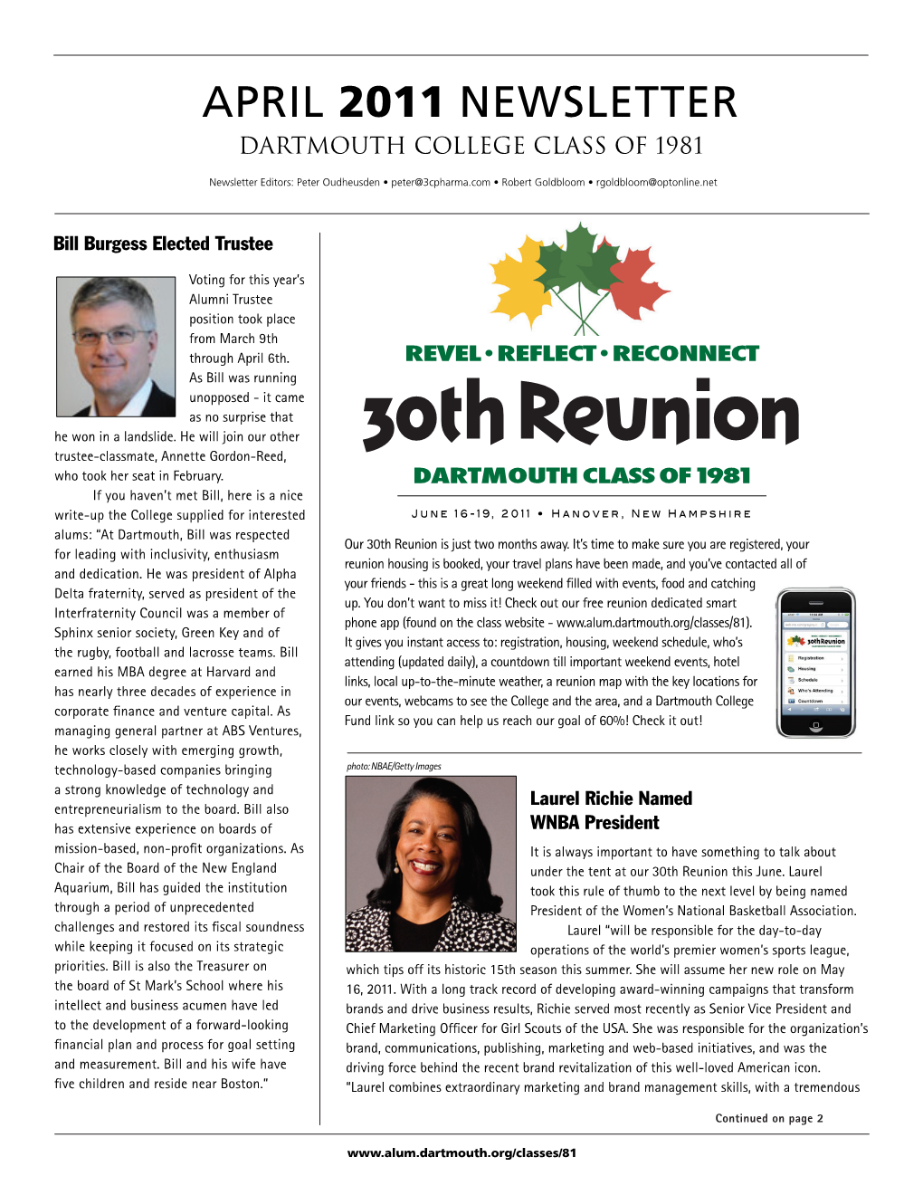 APRIL 2011 Newsletter DARTMOUTH COLLEGE CLASS of 1981