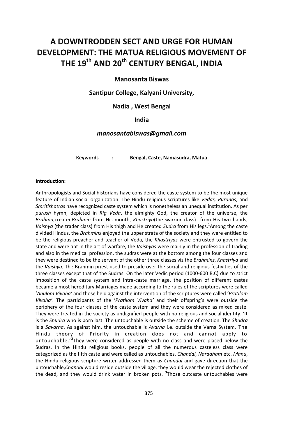 The Matua Religious Movement of the 19 and 20