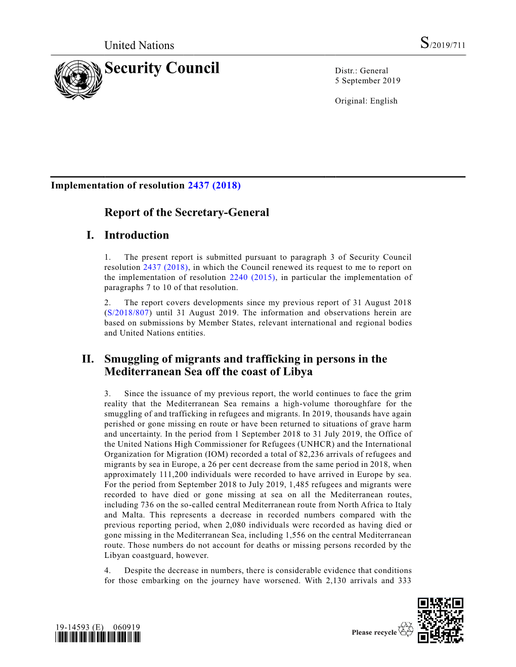 Report of the Secretary-General, Implementation of Resolution 2437