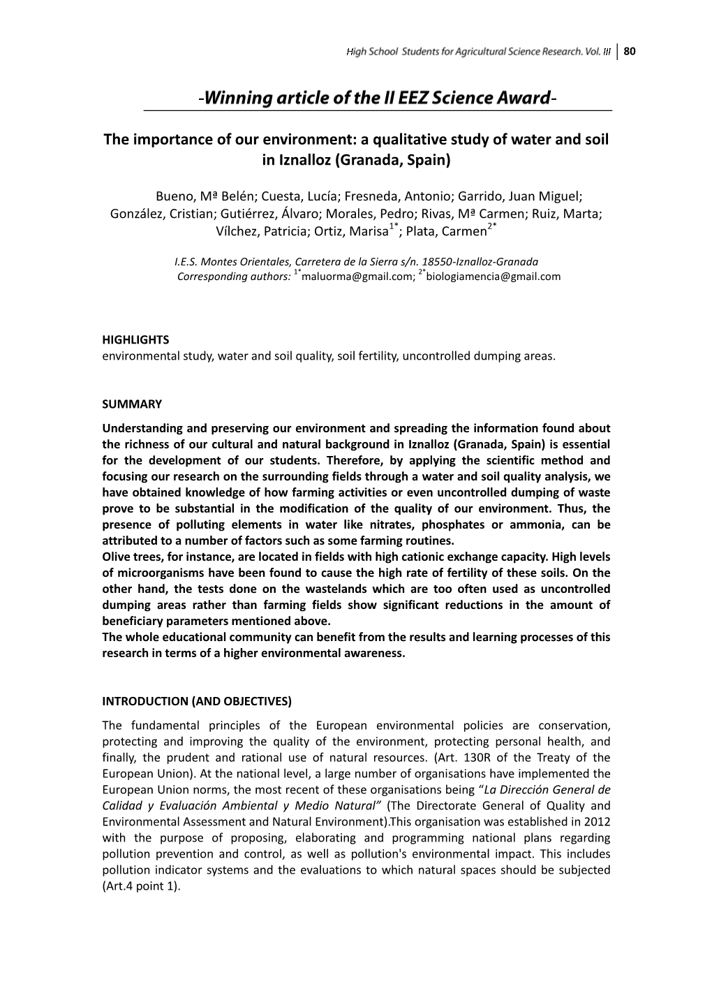 The Importance of Our Environment: a Qualitative Study of Water and Soil in Iznalloz (Granada, Spain)