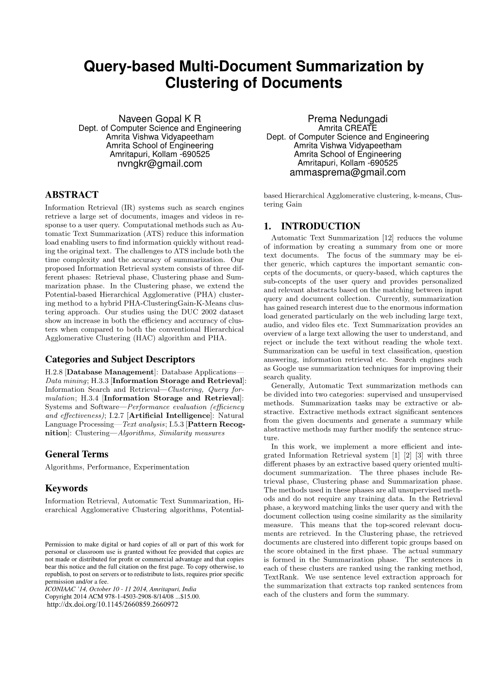 Query-Based Multi-Document Summarization by Clustering of Documents