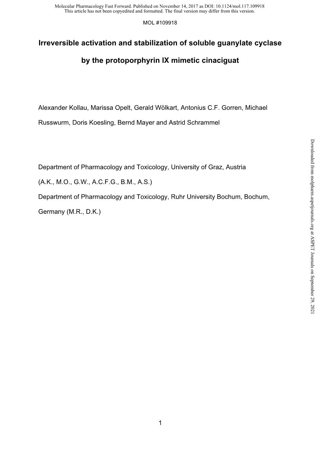 Irreversible Activation and Stabilization of Soluble Guanylate Cyclase by The