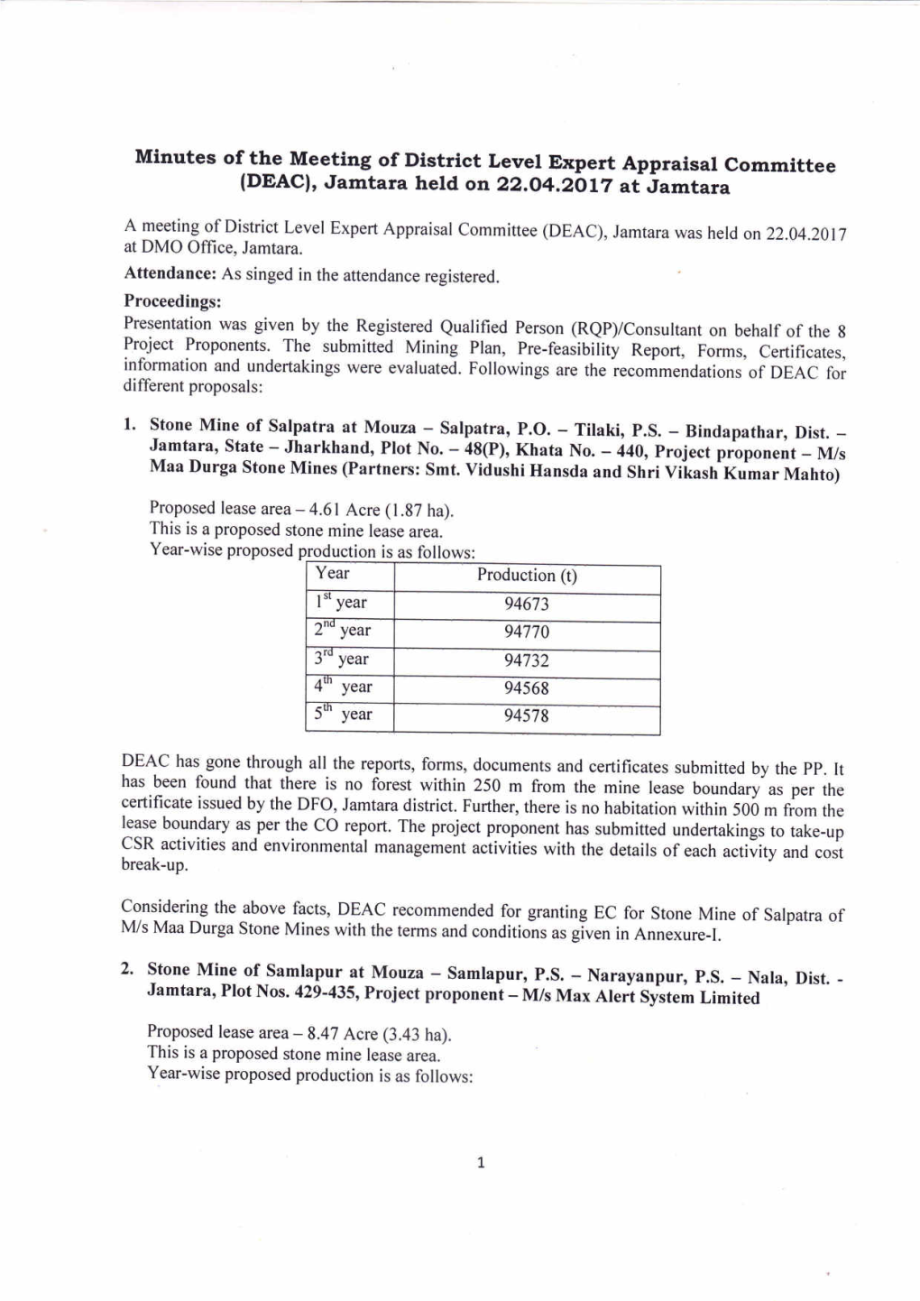 Minutes of the Meeting of District Level Expert Appraisal Committee (DEACI, Jamtara Held on 22.0,4.2017 at Jamtara