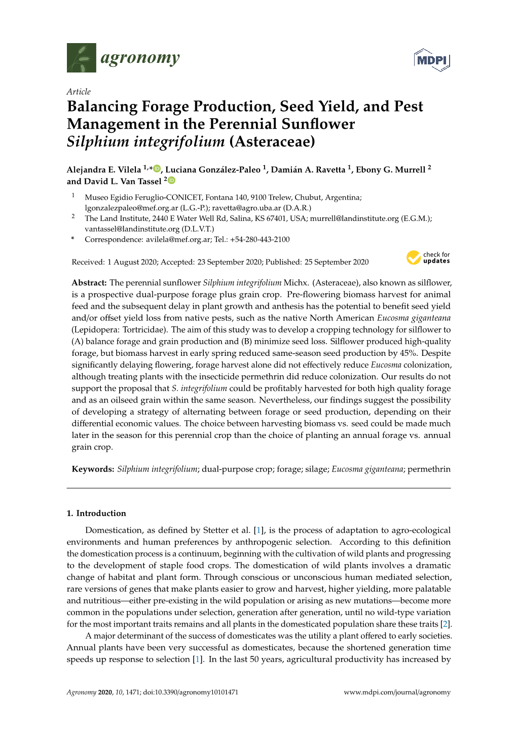 Balancing Forage Production, Seed Yield, and Pest Management in the Perennial Sunﬂower Silphium Integrifolium (Asteraceae)