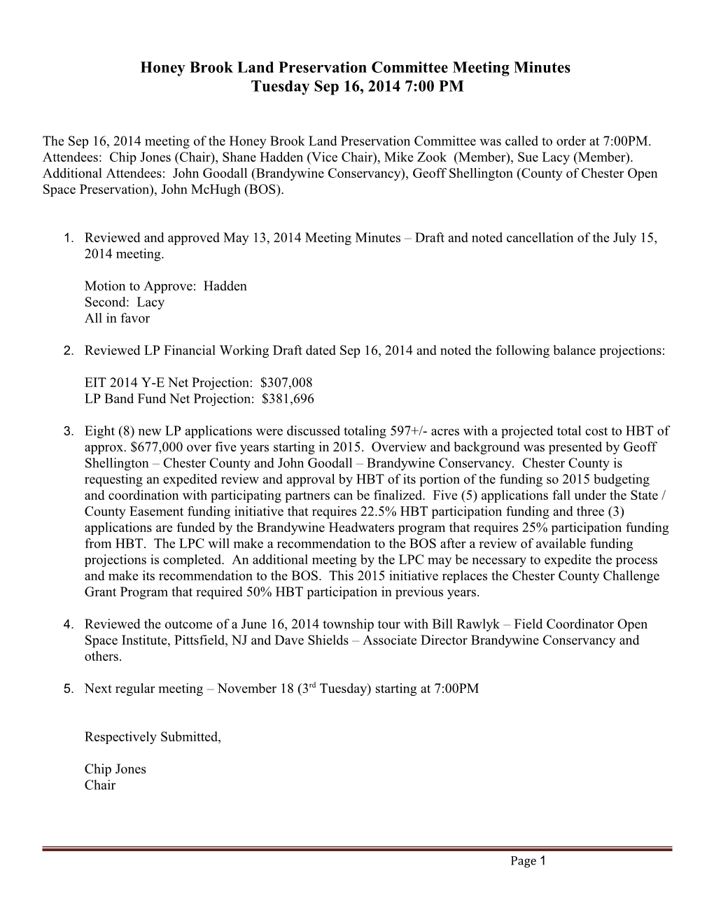 Honey Brook Land Preservation Committee Meeting Minutes