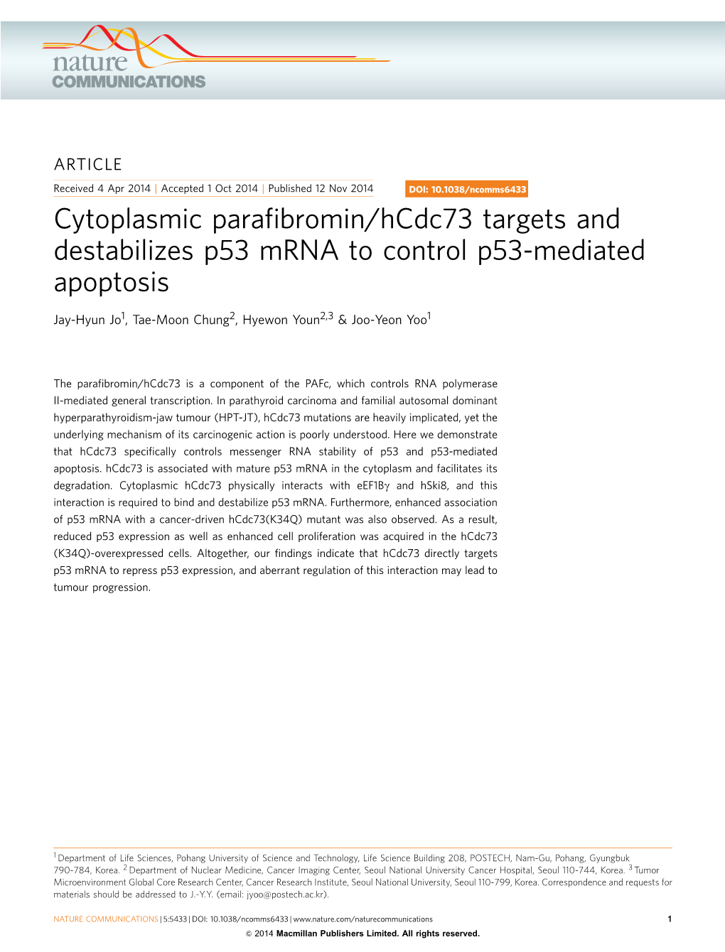Cytoplasmic Parafibromin/Hcdc73 Targets and Destabilizes P53 Mrna