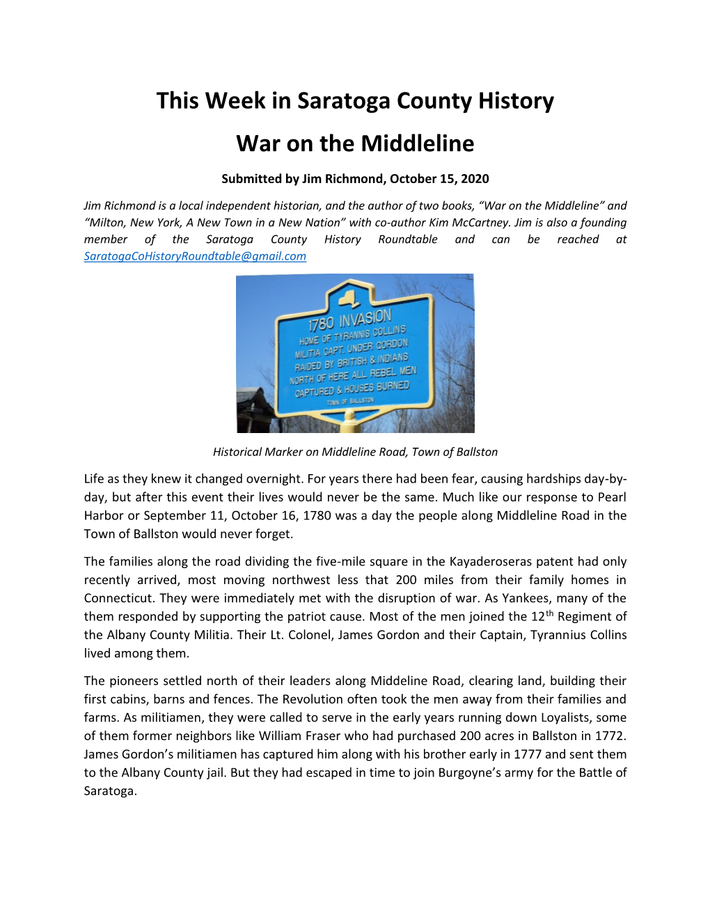 This Week in Saratoga County History War on the Middleline