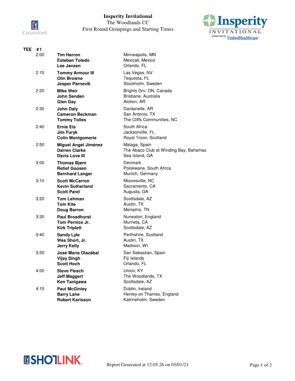 Insperity Invitational the Woodlands CC First Round Groupings and Starting Times