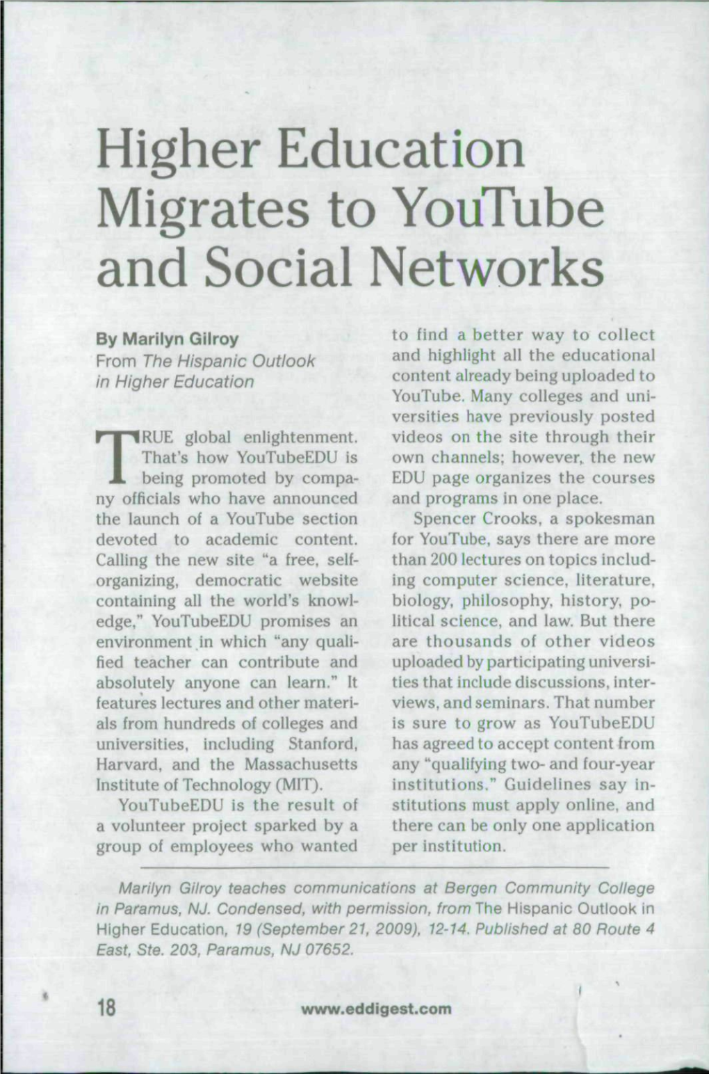 Higher Education Migrates to Youtube and Social Networks