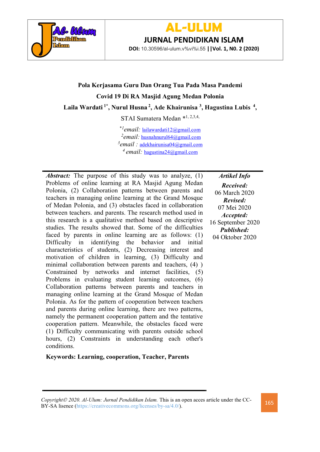 AL-ULUM JURNAL PENDIDIKAN ISLAM DOI: 10.30596/Al-Ulum.V%Vi%I.55 ||Vol