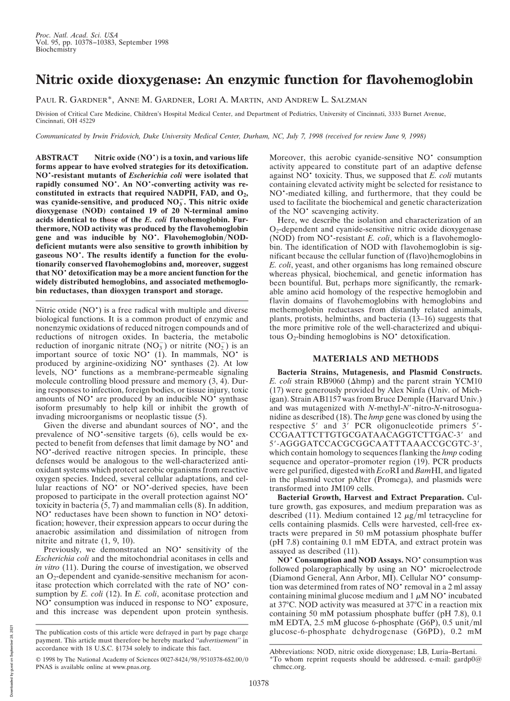 Nitric Oxide Dioxygenase: an Enzymic Function for Flavohemoglobin