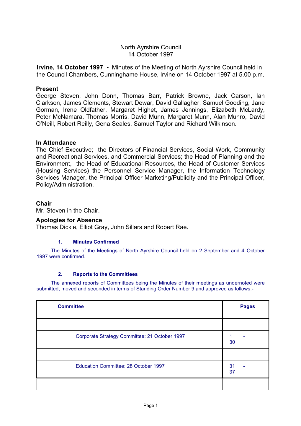 North Ayrshire Council 14 October 1997