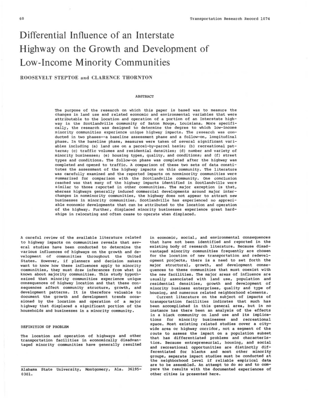 Differential Influence of an Interstate Highway on the Growth and Development of Low-Income Minority Communities