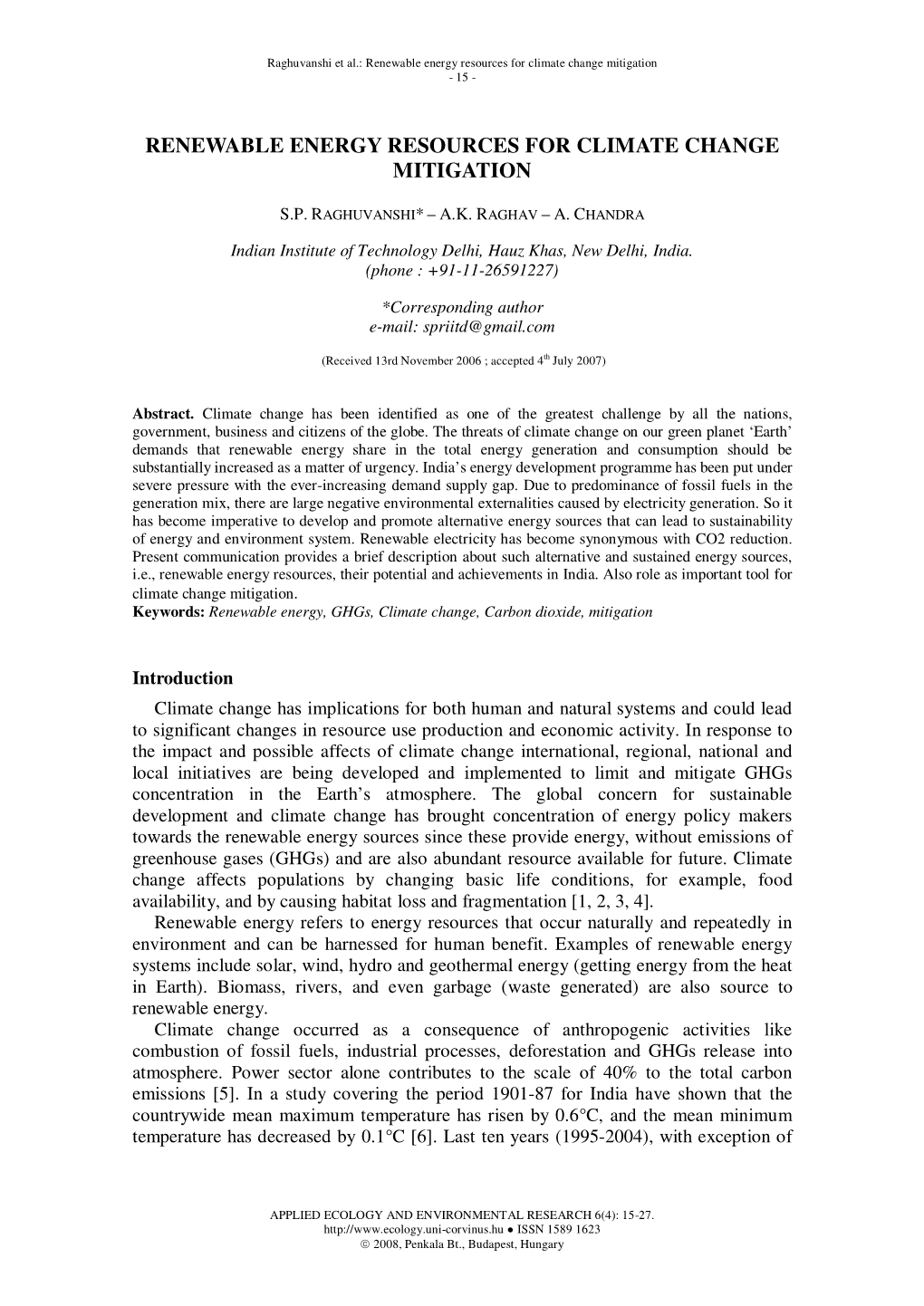 Renewable Energy Resorces for Climate Change Mitigation