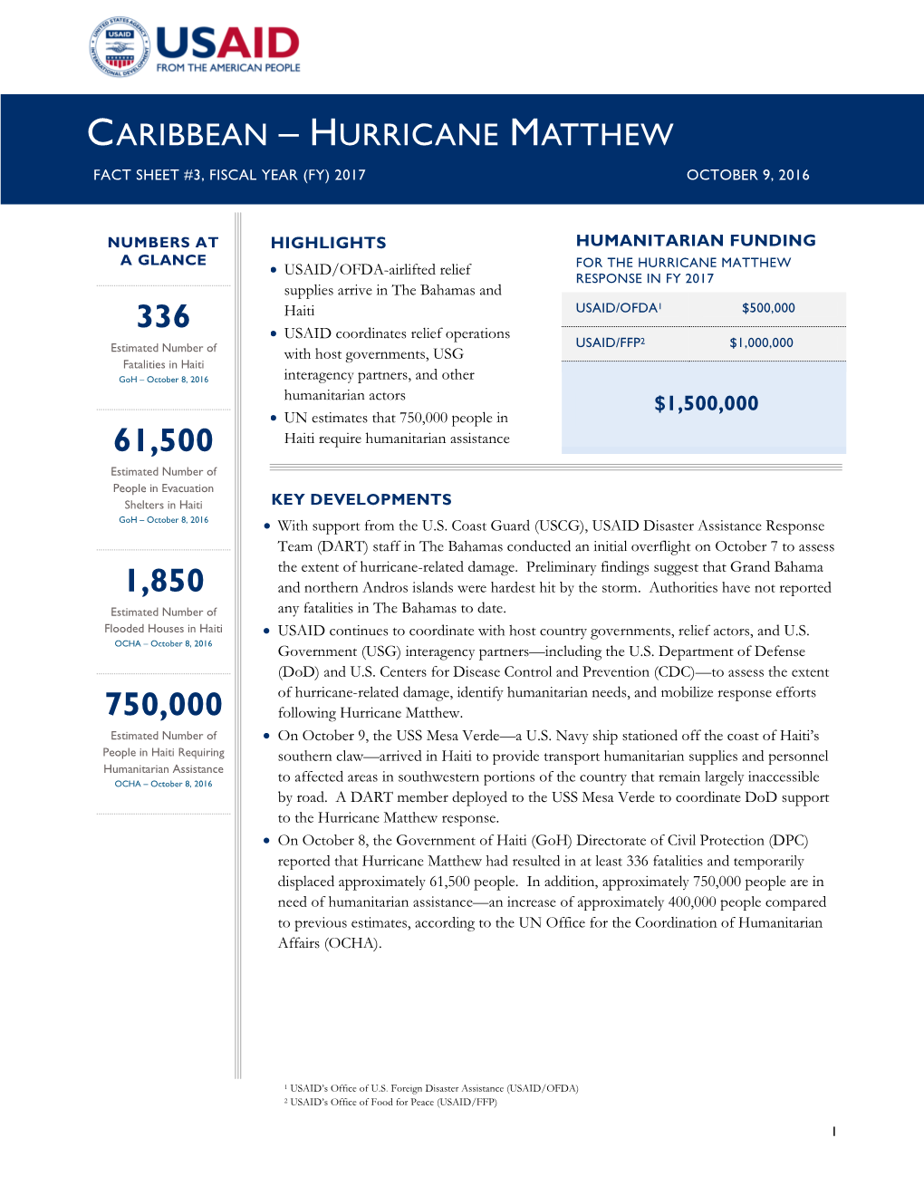 Hurricane Matthew Fact Sheet #3, Fiscal Year (Fy) 2017 October 9, 2016