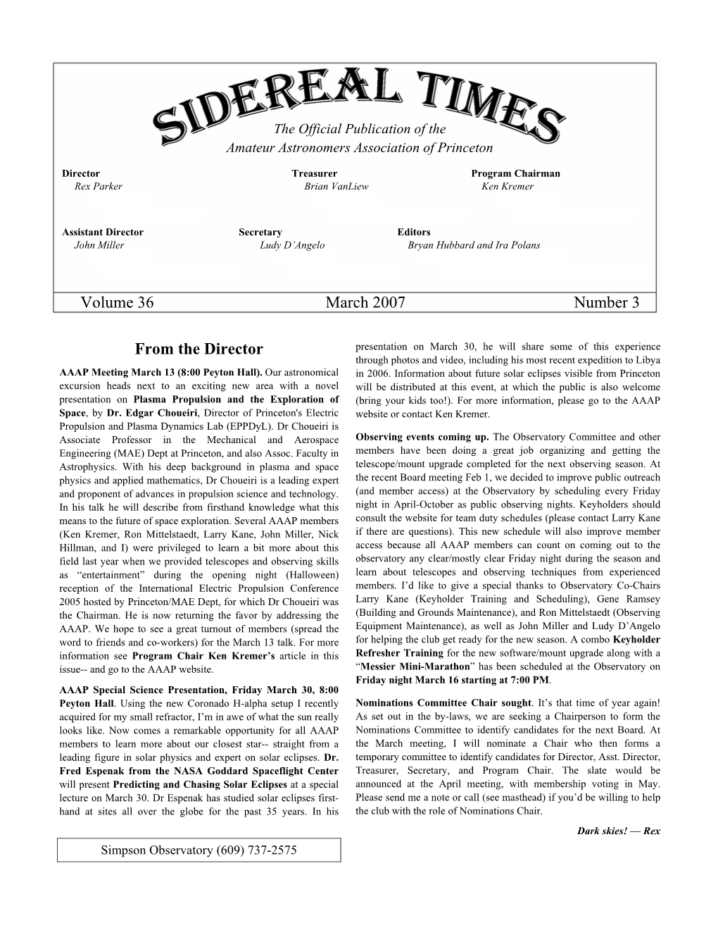 Volume 36 March 2007 Number 3 from the Director