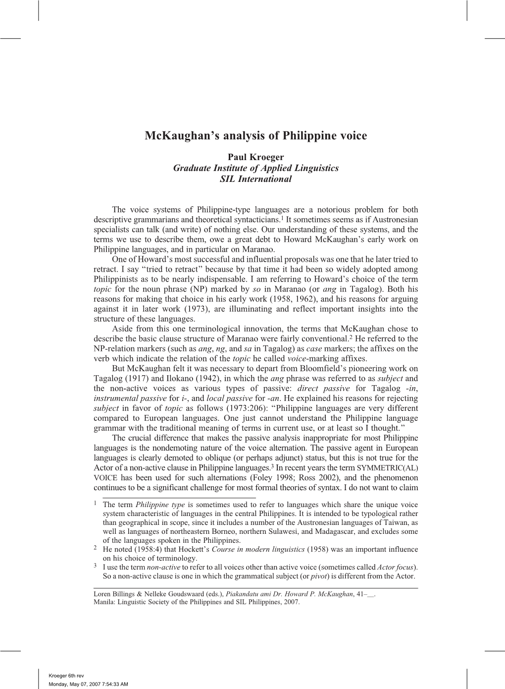 Mckaughan's Analysis of Philippine Voice