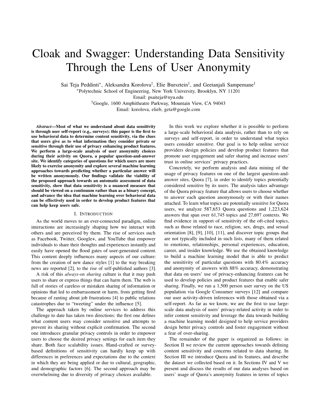 Cloak and Swagger: Understanding Data Sensitivity Through the Lens of User Anonymity