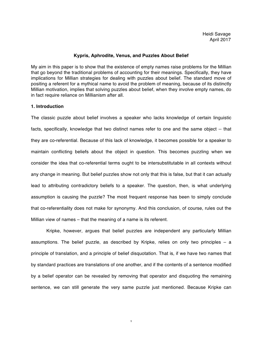 Heidi Savage April 2017 Kypris, Aphrodite, Venus, and Puzzles About Belief My Aim in This Paper Is to Show That the Existence Of