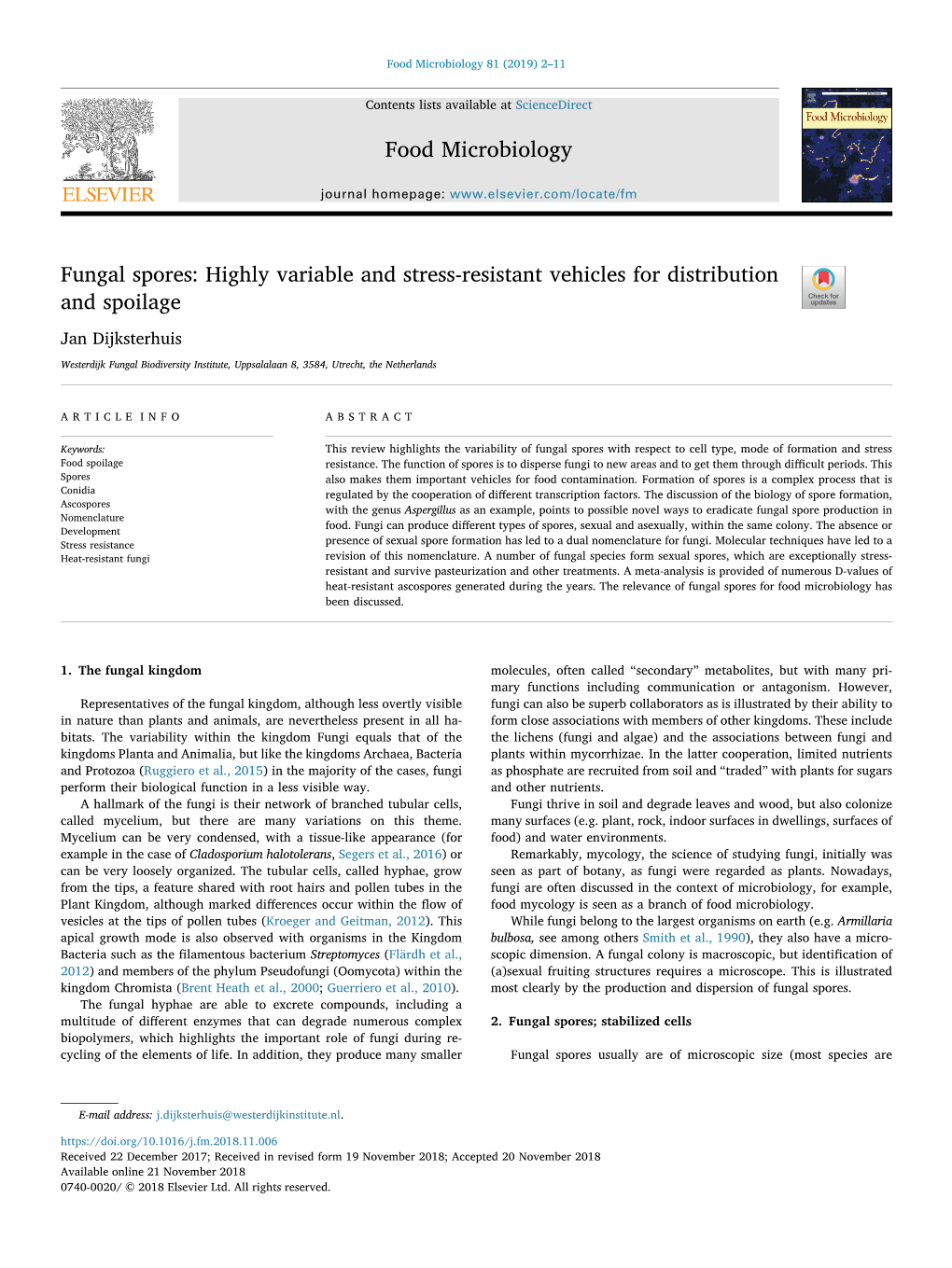 Food Microbiology Fungal Spores: Highly Variable and Stress-Resistant Vehicles for Distribution and Spoilage