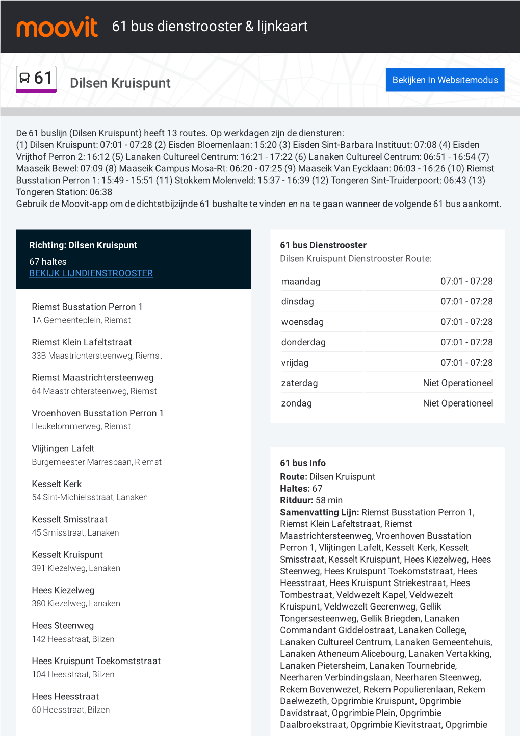 61 Bus Dienstrooster & Lijnroutekaart