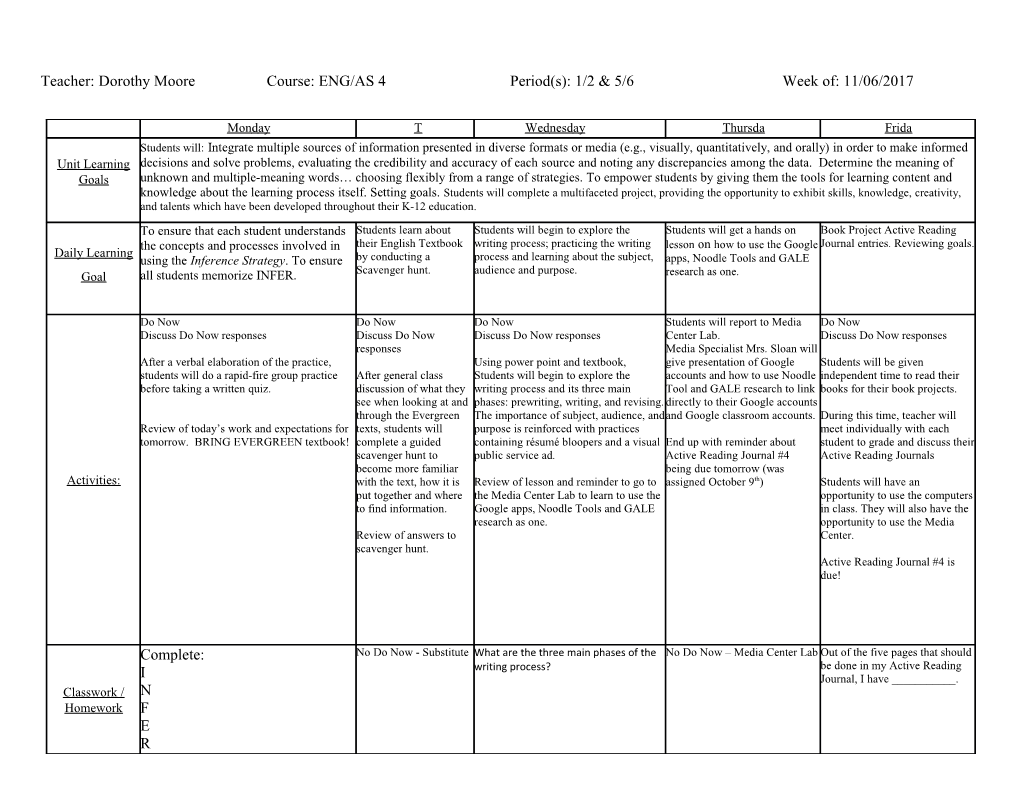 WEEKLY Lesson Plans s4