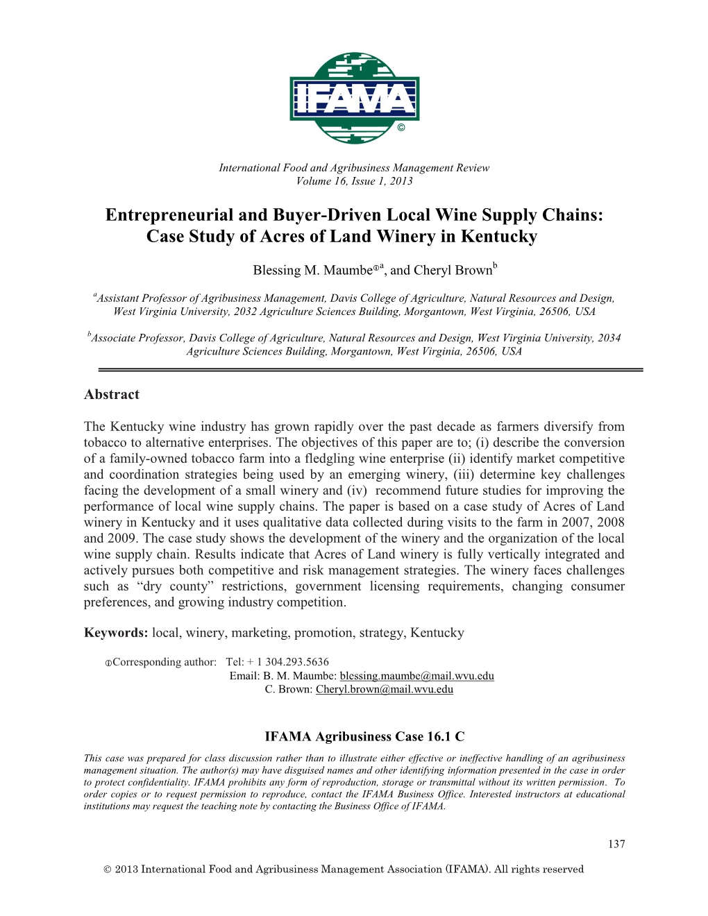 Entrepreneurial and Buyer-Driven Local Wine Supply Chains: Case Study of Acres of Land Winery in Kentucky