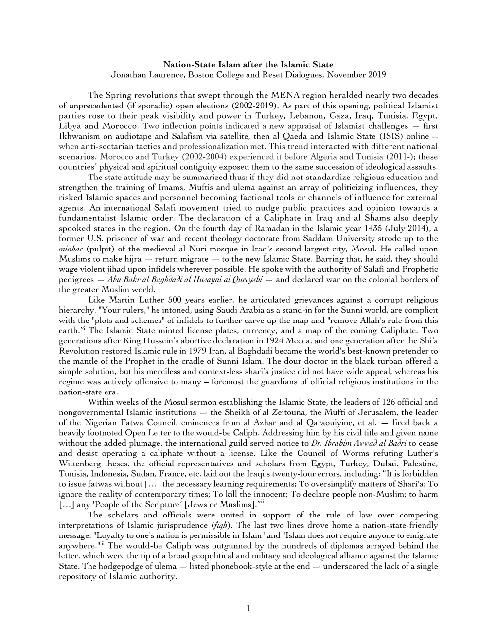 Nation-State Islam After the Islamic State Jonathan Laurence, Boston College and Reset Dialogues, November 2019