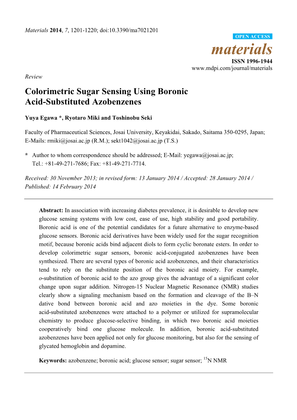 Colorimetric Sugar Sensing Using Boronic Acid-Substituted Azobenzenes