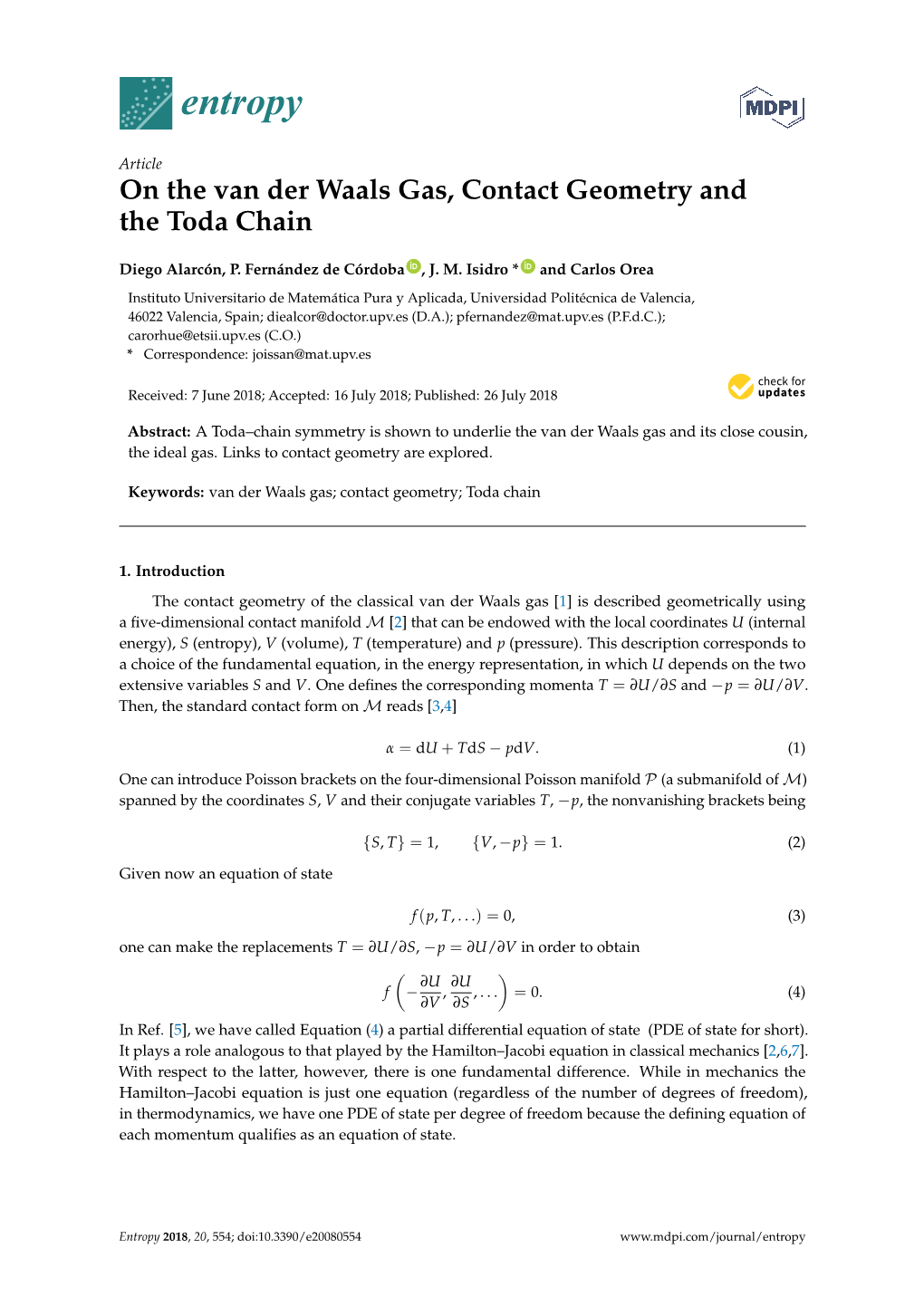 On the Van Der Waals Gas, Contact Geometry and the Toda Chain