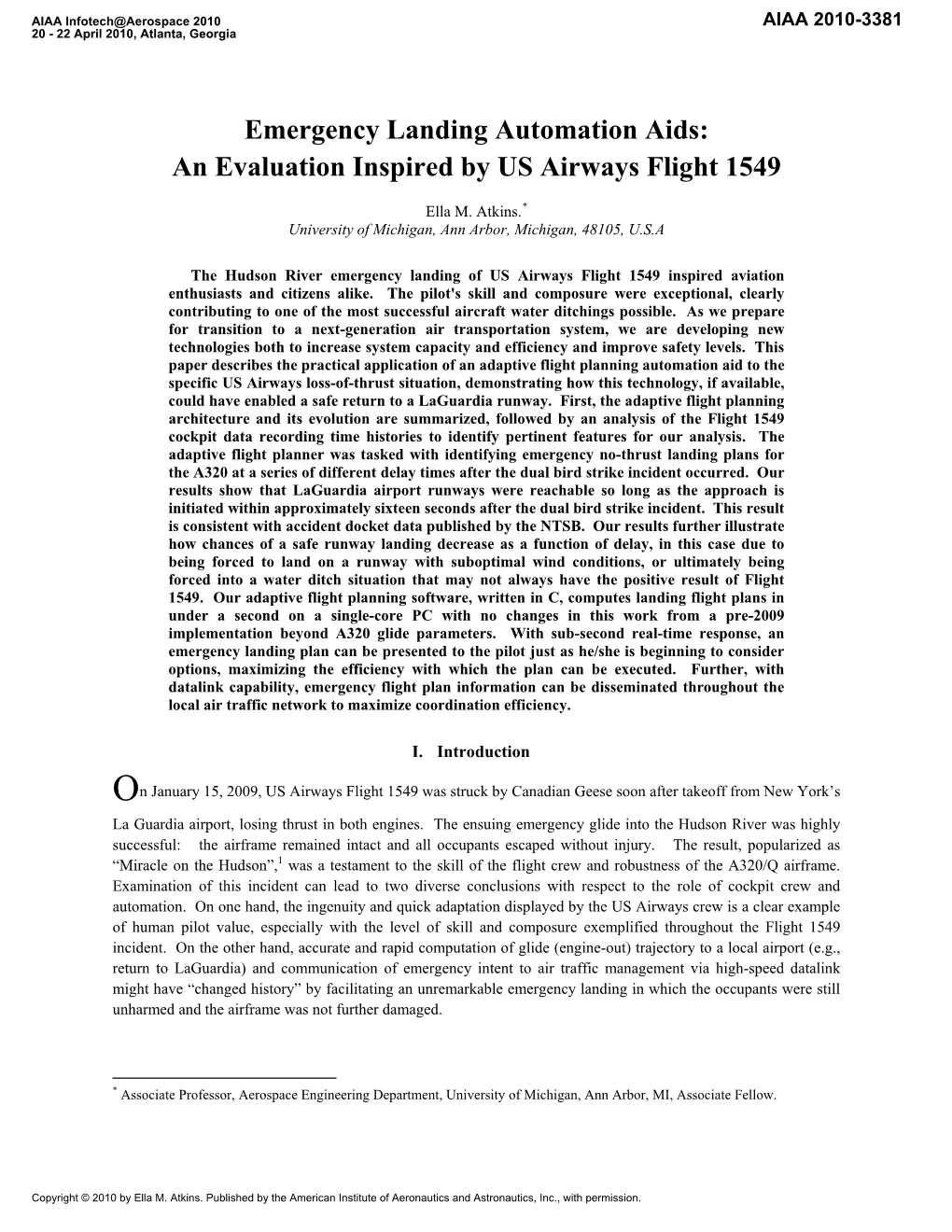 Emergency Landing Automation Aids: an Evaluation Inspired by US Airways Flight 1549